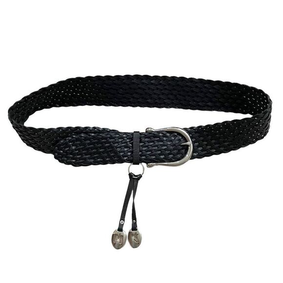 Michael Kors leather braided equestrian belt designer logo charms silver‎ black main image 8